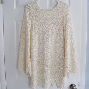 Nightcap Ivory Cream Lace Mini Dress Deep V Back Ecru Long Sleeves XS NWT